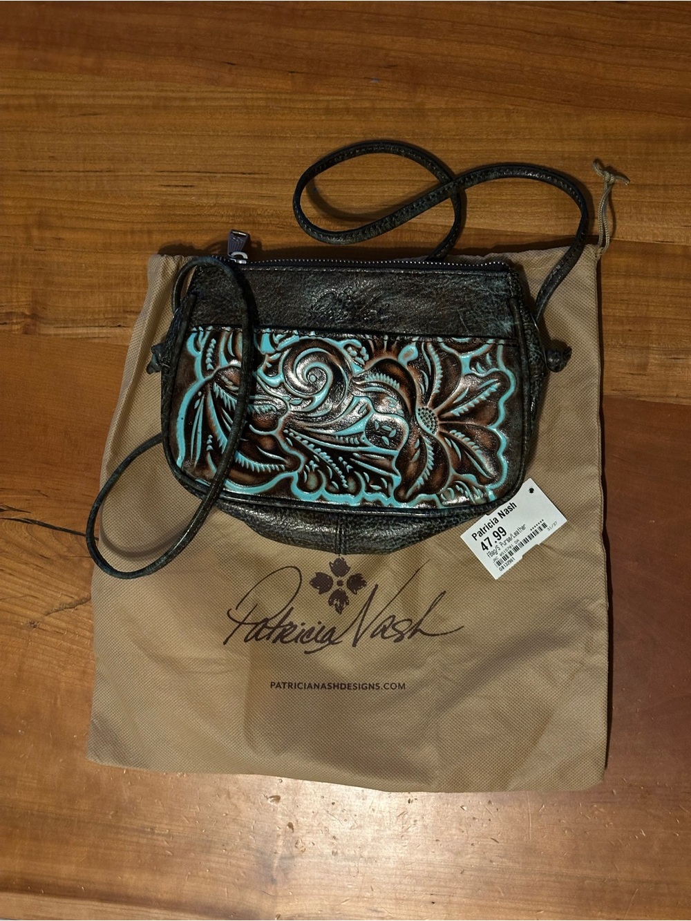 Patricia Nash Brown Leather Crossbody with Turquoise Tooled Front